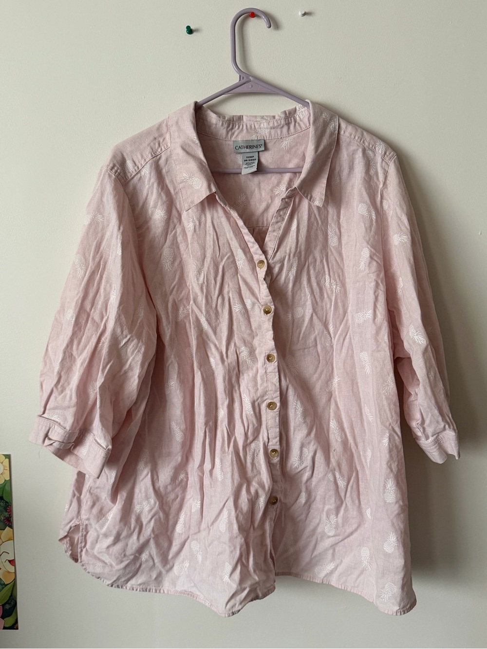 Catherines Light Pink Pineapple-Print Button Shirt